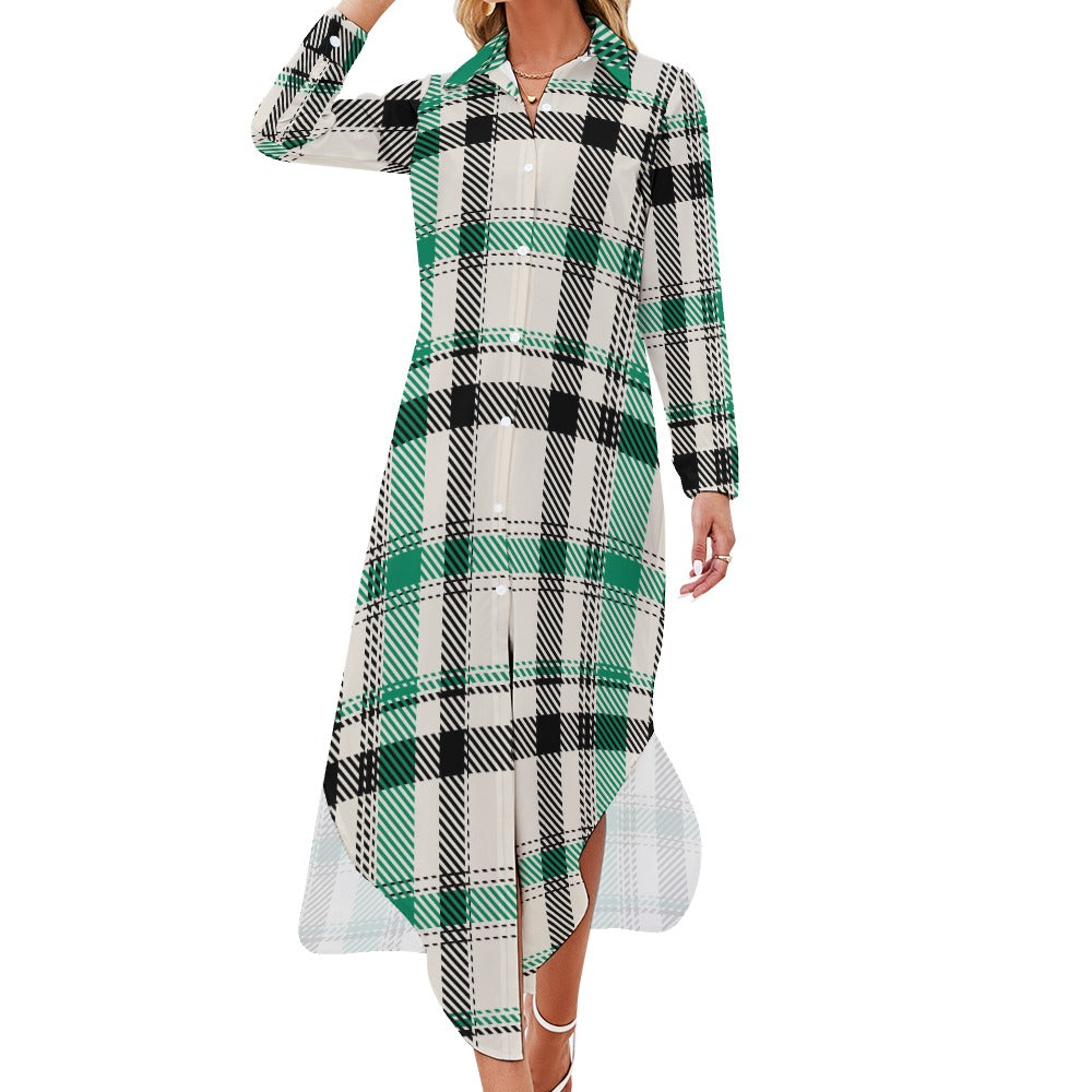 Button Neck Long Sleeve Shirt Dress