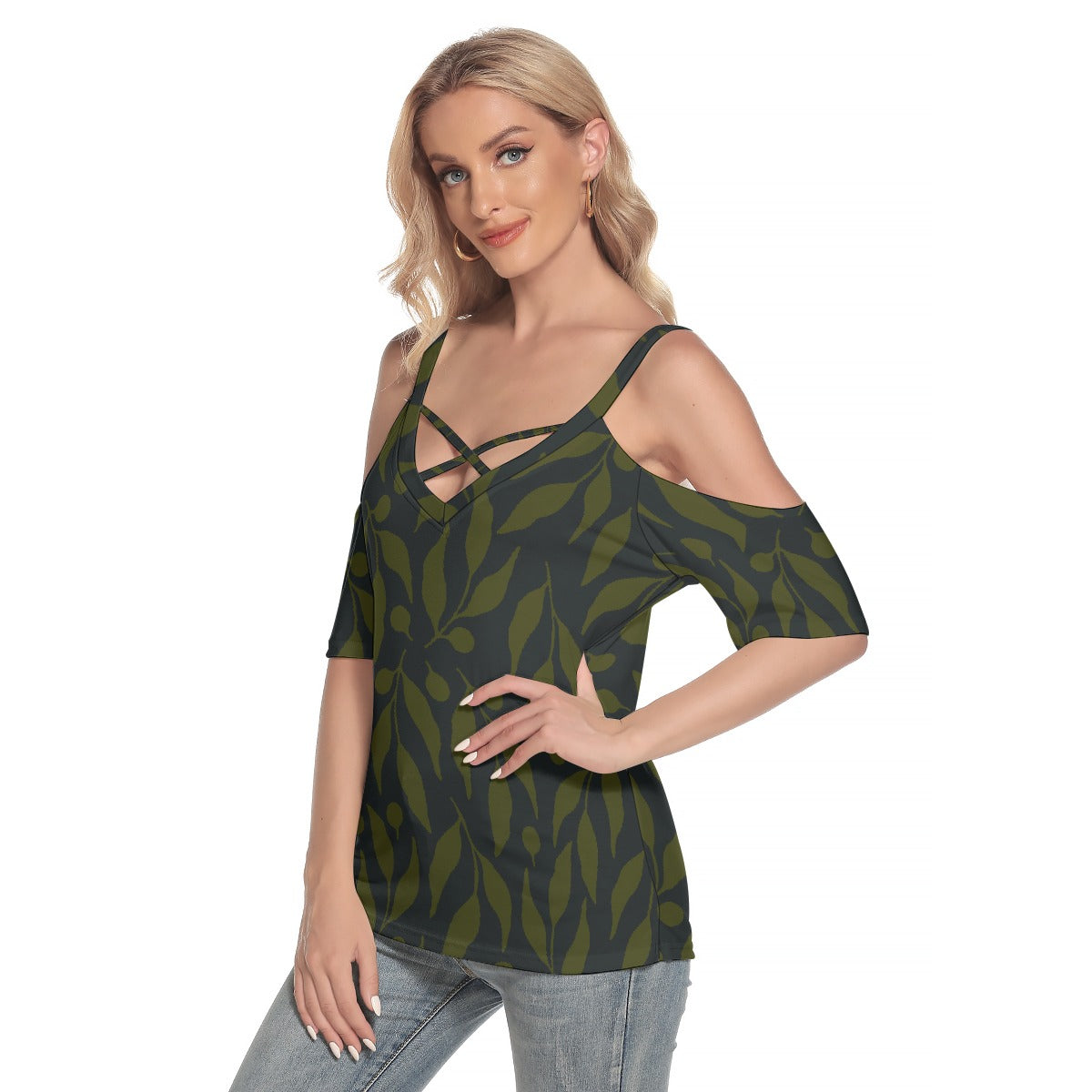 Women's Cold Shoulder T-shirt With Criss Cross Strips