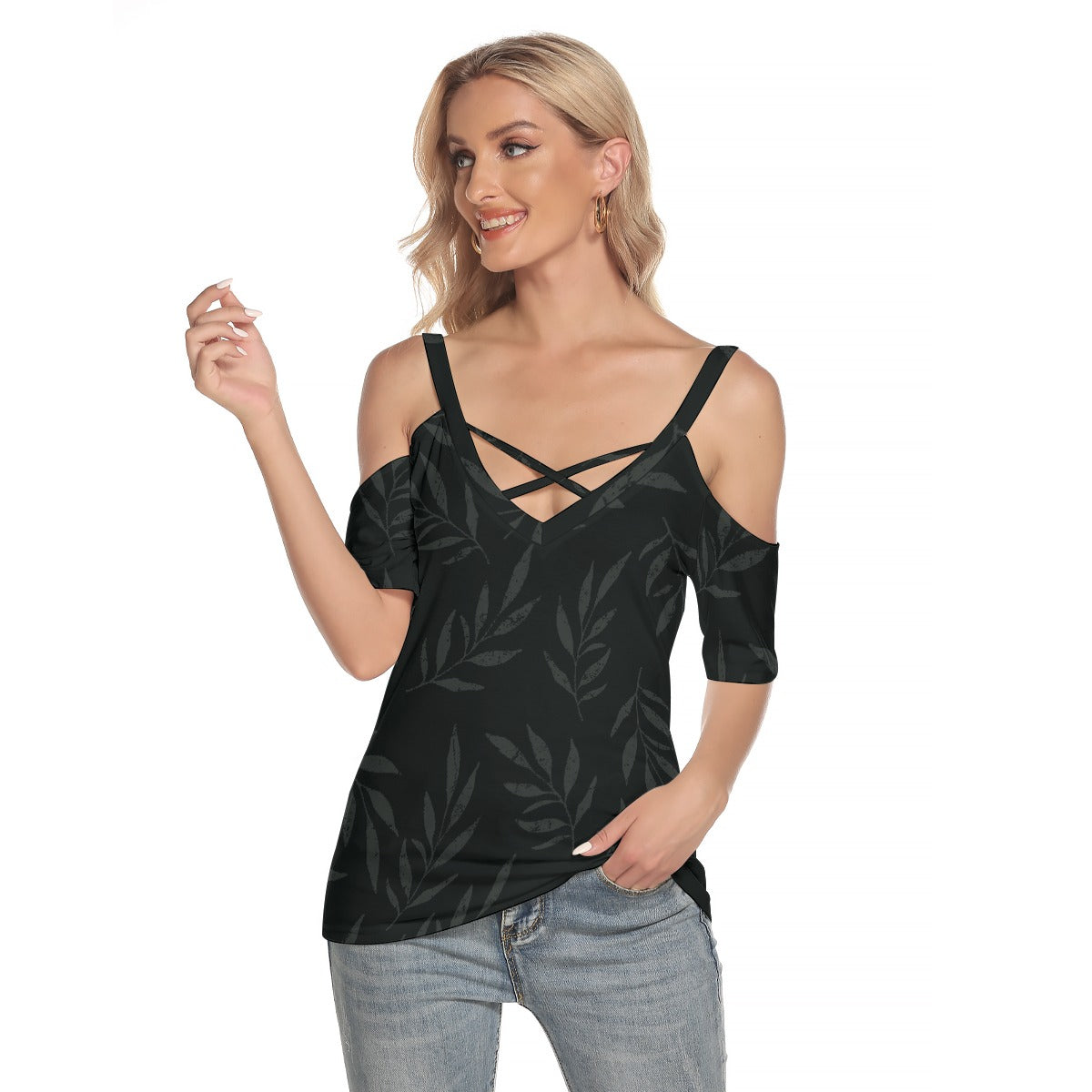 Women's Cold Shoulder T-shirt With Criss Cross Strips