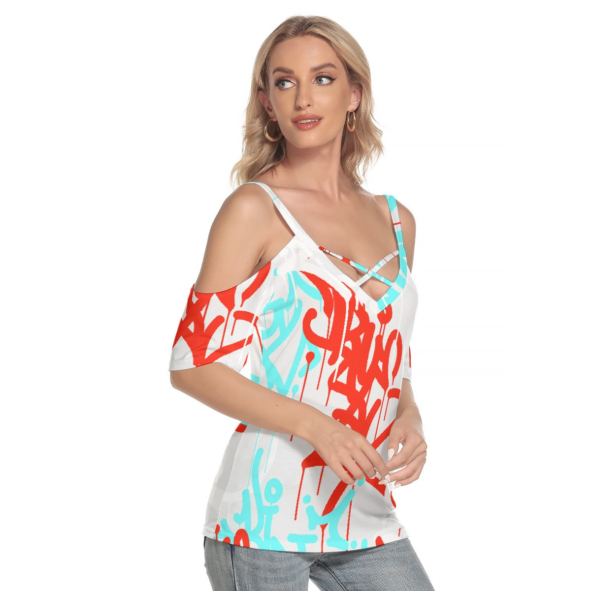 Women's Cold Shoulder T-shirt With Criss Cross Strips