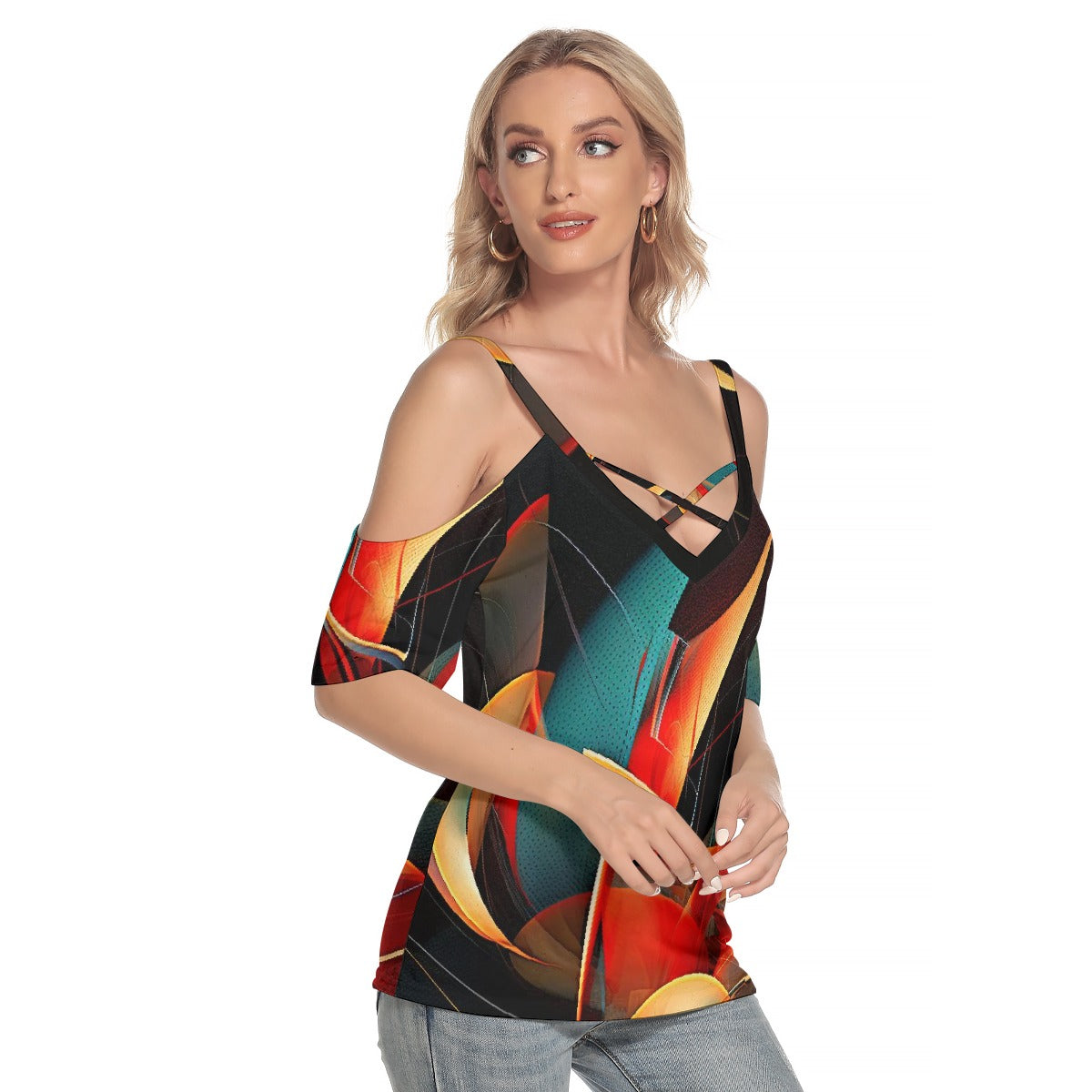 Women's Cold Shoulder T-shirt With Criss Cross Strips