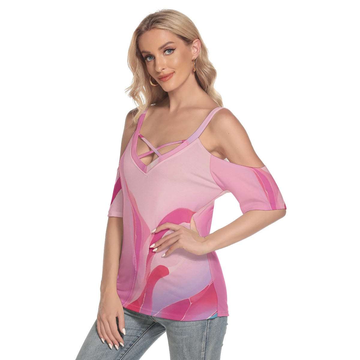 All-Over Print Women's Cold Shoulder T-shirt With Criss Cross Strips,PODSAVVY LIVING                                               ,podsavvyliving.com