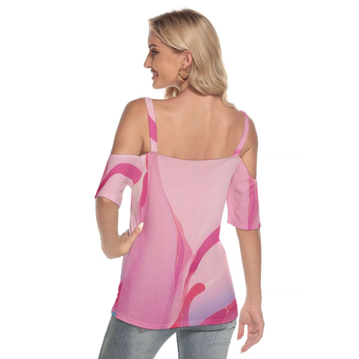 All-Over Print Women's Cold Shoulder T-shirt With Criss Cross Strips,PODSAVVY LIVING                                               ,podsavvyliving.com