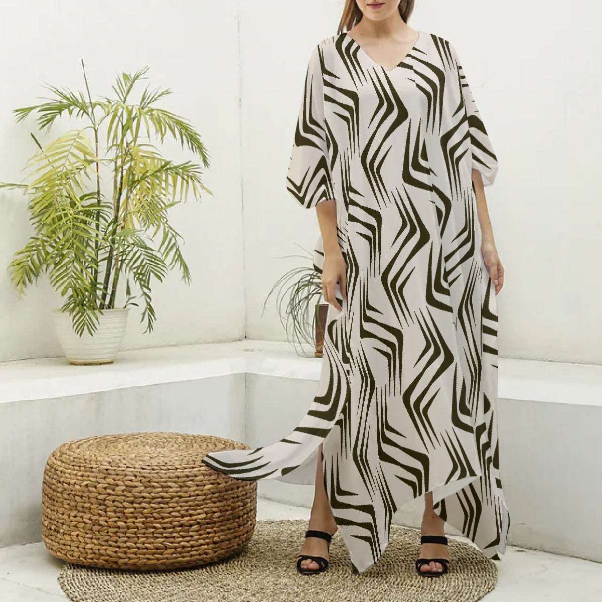 All-Over Print Women's Imitation Silk V-neck Kaftan Robe