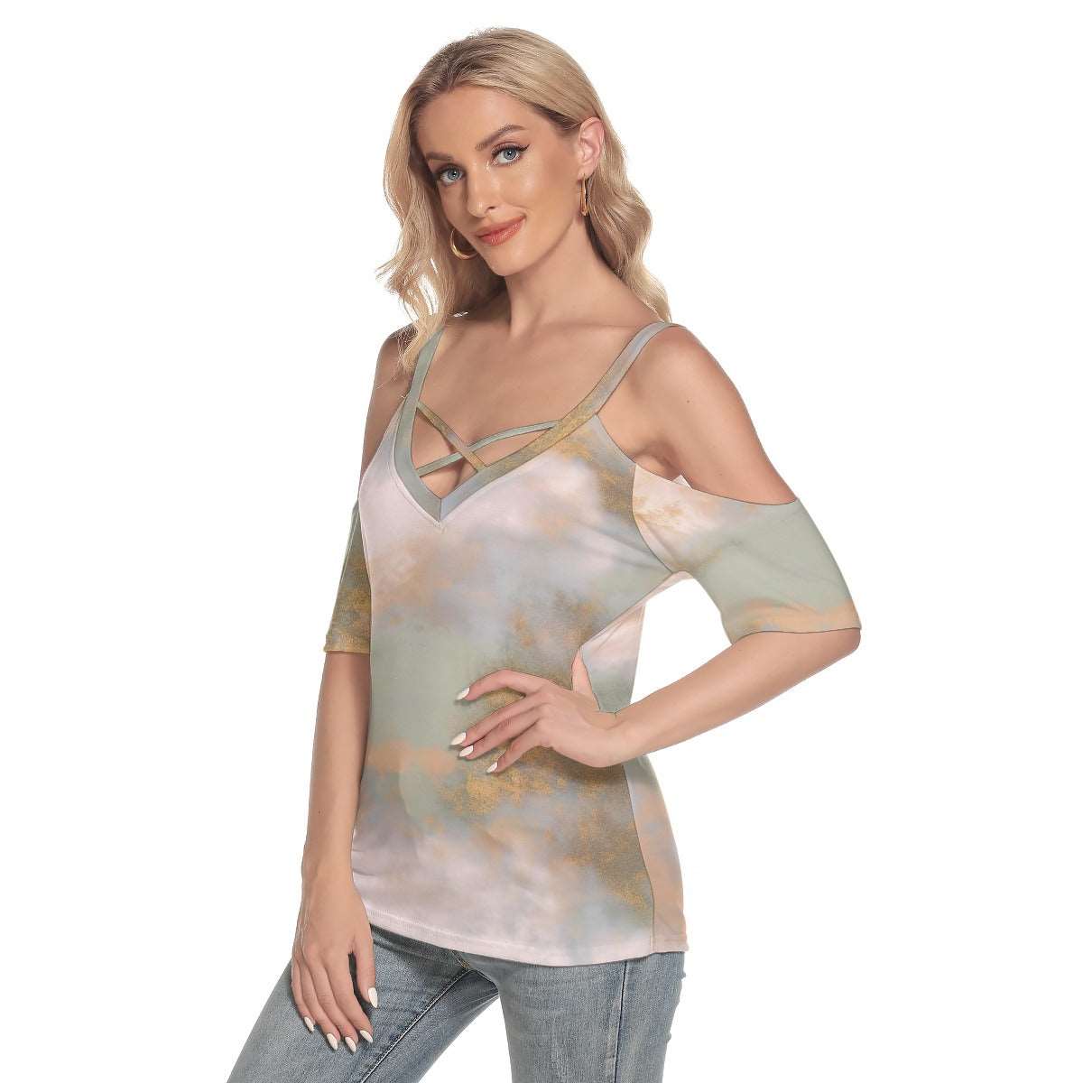 All-Over Print Women's Cold Shoulder T-shirt With Criss Cross Strips,PODSAVVY LIVING                                               ,podsavvyliving.com