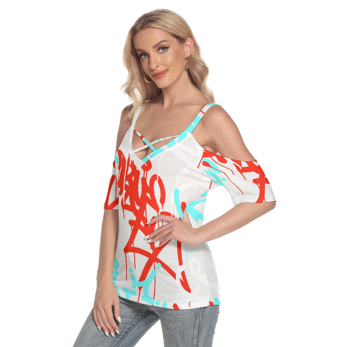 Women's Cold Shoulder T-shirt With Criss Cross Strips