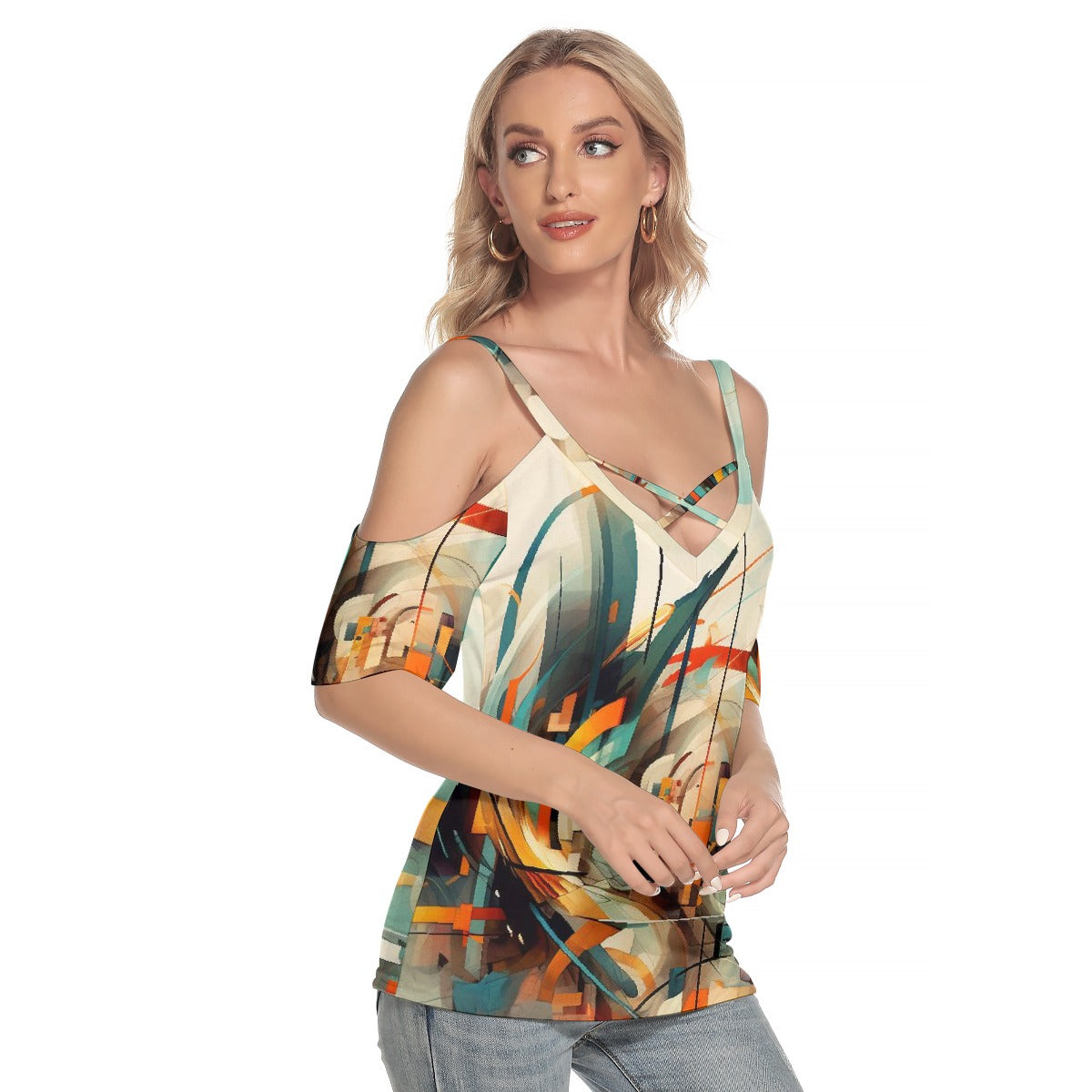 Women's Cold Shoulder T-shirt With Criss Cross Strips