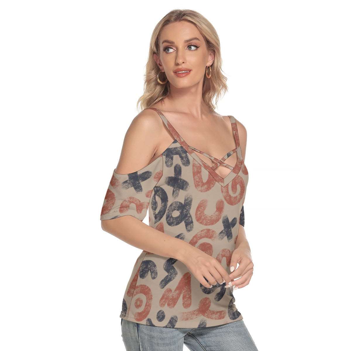 All-Over Print Women's Cold Shoulder T-shirt With Criss Cross Strips,PODSAVVY LIVING                                               ,podsavvyliving.com