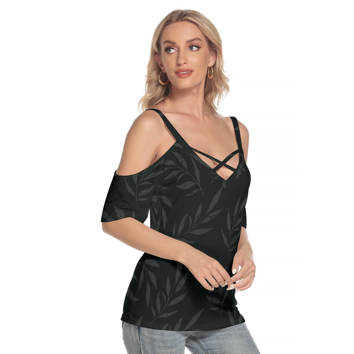 Women's Cold Shoulder T-shirt With Criss Cross Strips