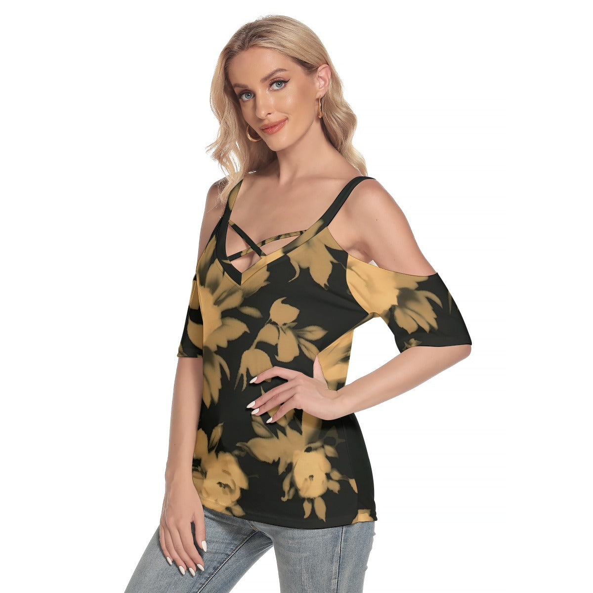 Women's Cold Shoulder T-shirt With Criss Cross Strips