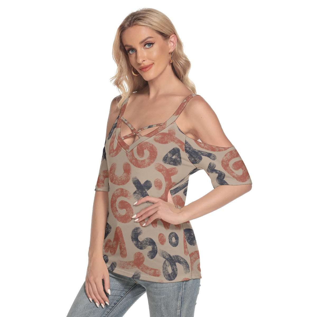 All-Over Print Women's Cold Shoulder T-shirt With Criss Cross Strips,PODSAVVY LIVING                                               ,podsavvyliving.com