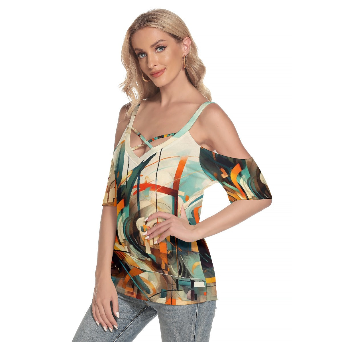 Women's Cold Shoulder T-shirt With Criss Cross Strips