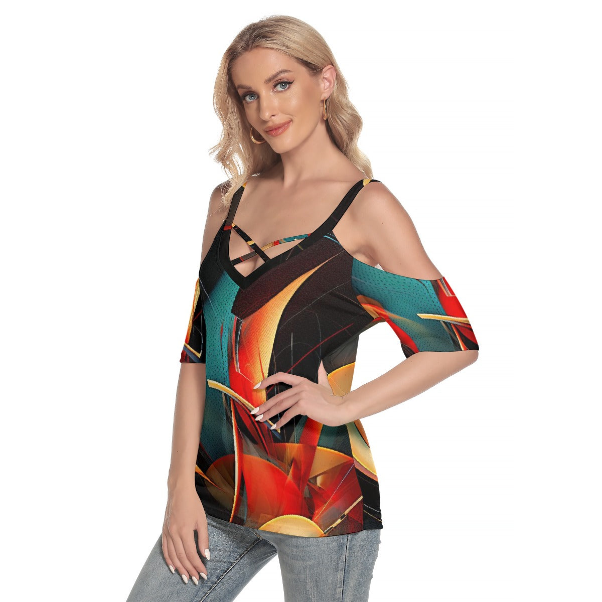 Women's Cold Shoulder T-shirt With Criss Cross Strips