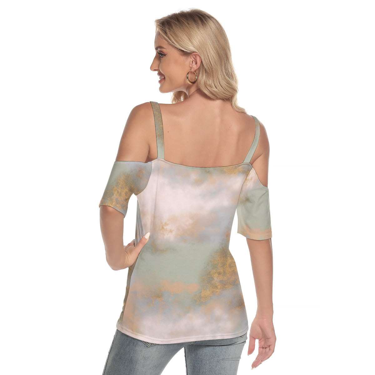 All-Over Print Women's Cold Shoulder T-shirt With Criss Cross Strips,PODSAVVY LIVING                                               ,podsavvyliving.com