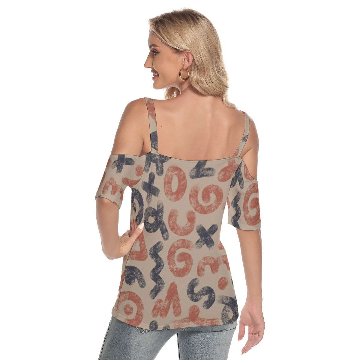 All-Over Print Women's Cold Shoulder T-shirt With Criss Cross Strips,PODSAVVY LIVING                                               ,podsavvyliving.com