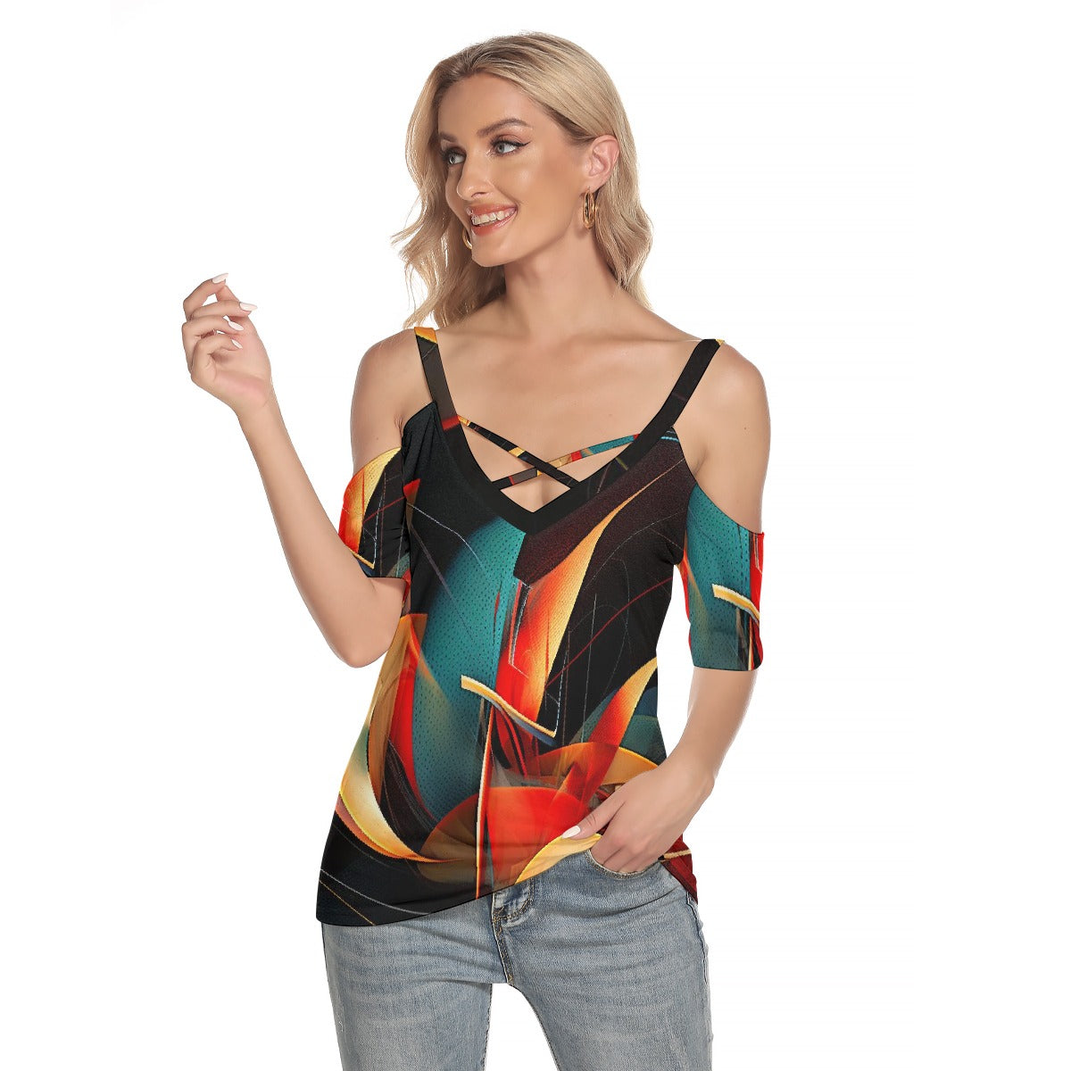 Women's Cold Shoulder T-shirt With Criss Cross Strips