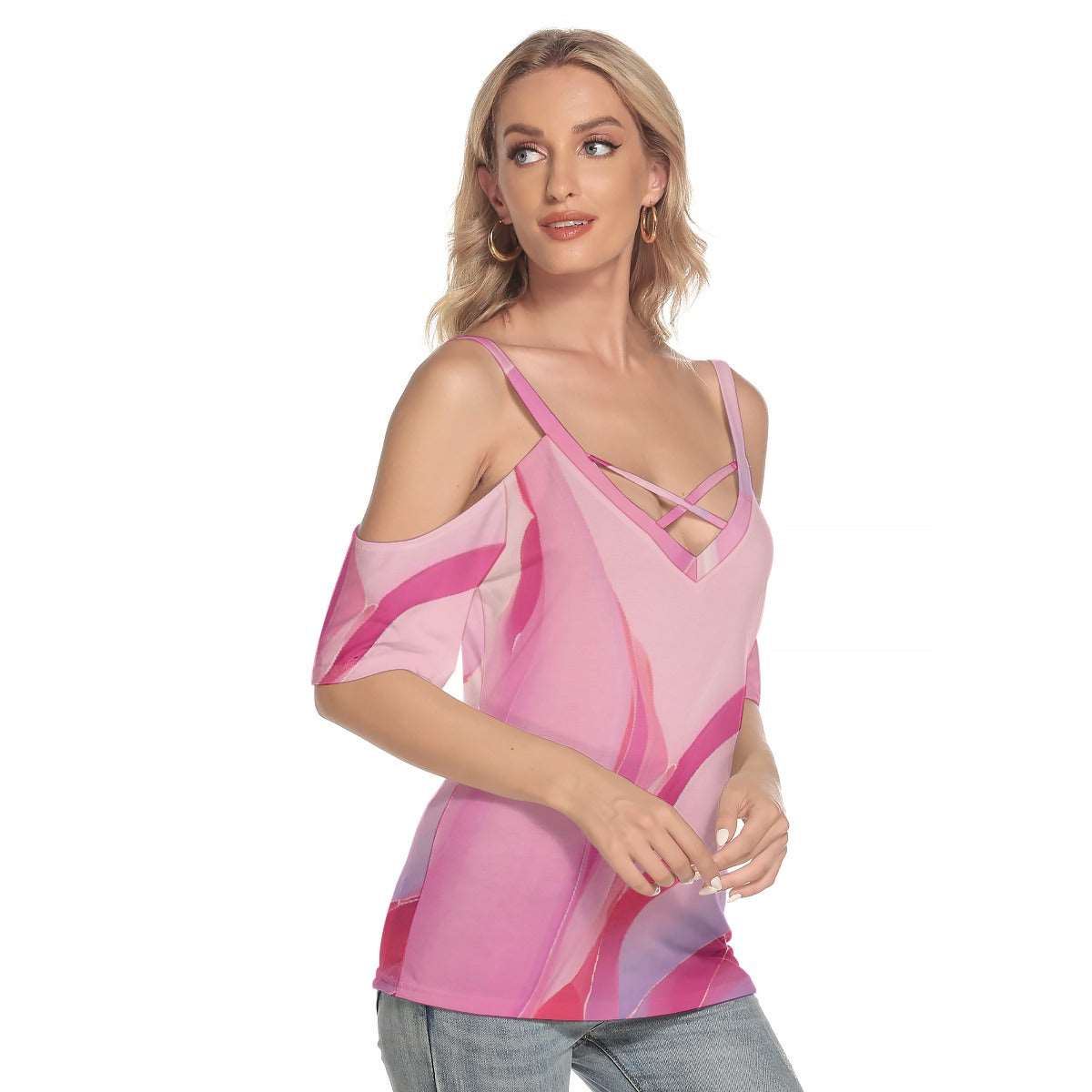 All-Over Print Women's Cold Shoulder T-shirt With Criss Cross Strips,PODSAVVY LIVING                                               ,podsavvyliving.com