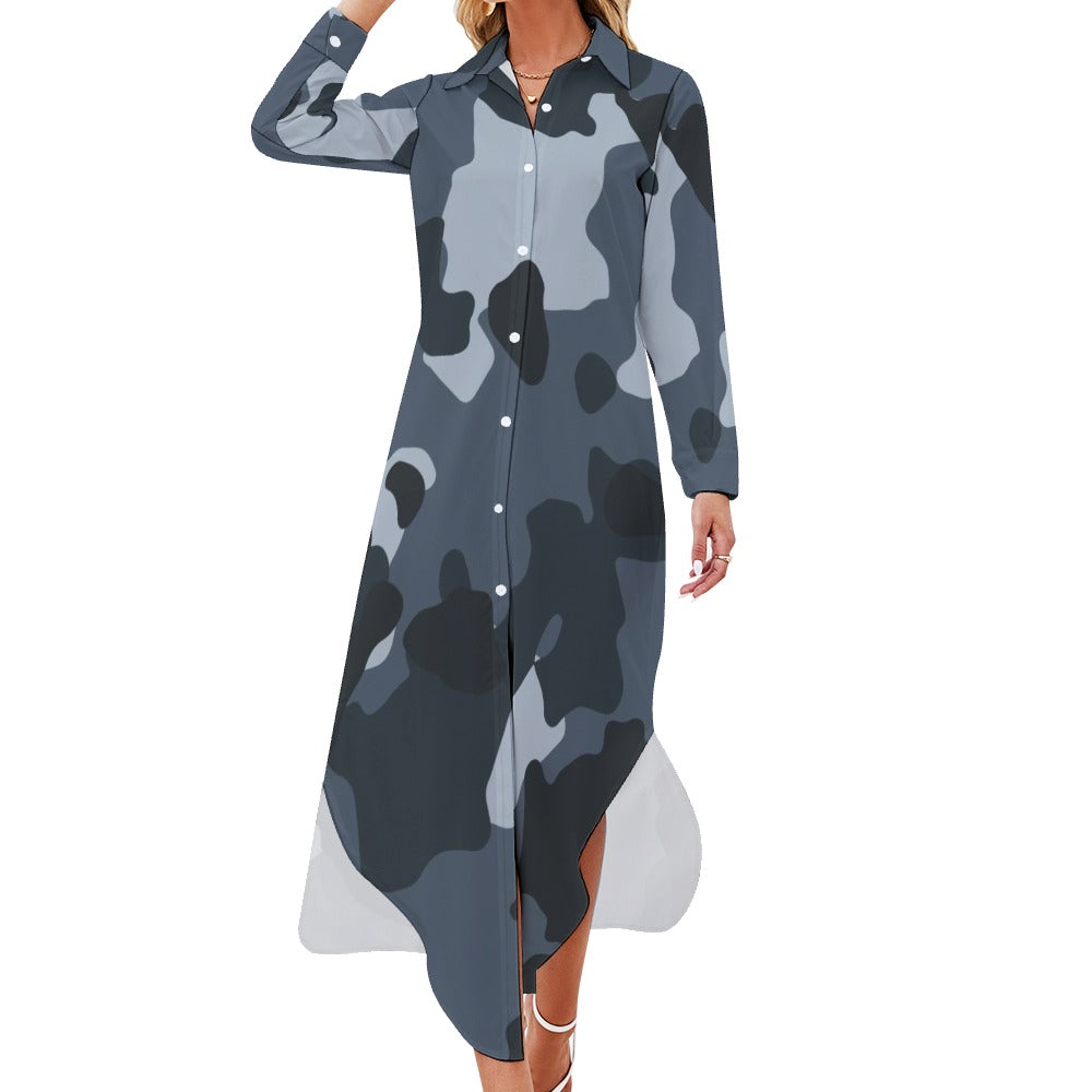 Button Neck Long Sleeve Shirt Dress