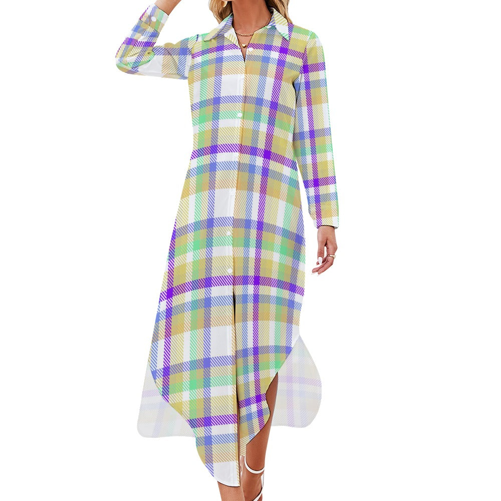 Button Neck Long Sleeve Shirt Dress