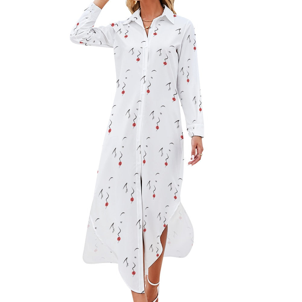 Button Neck Long Sleeve Shirt Dress