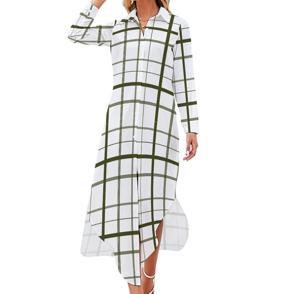 Button Neck Long Sleeve Shirt Dress