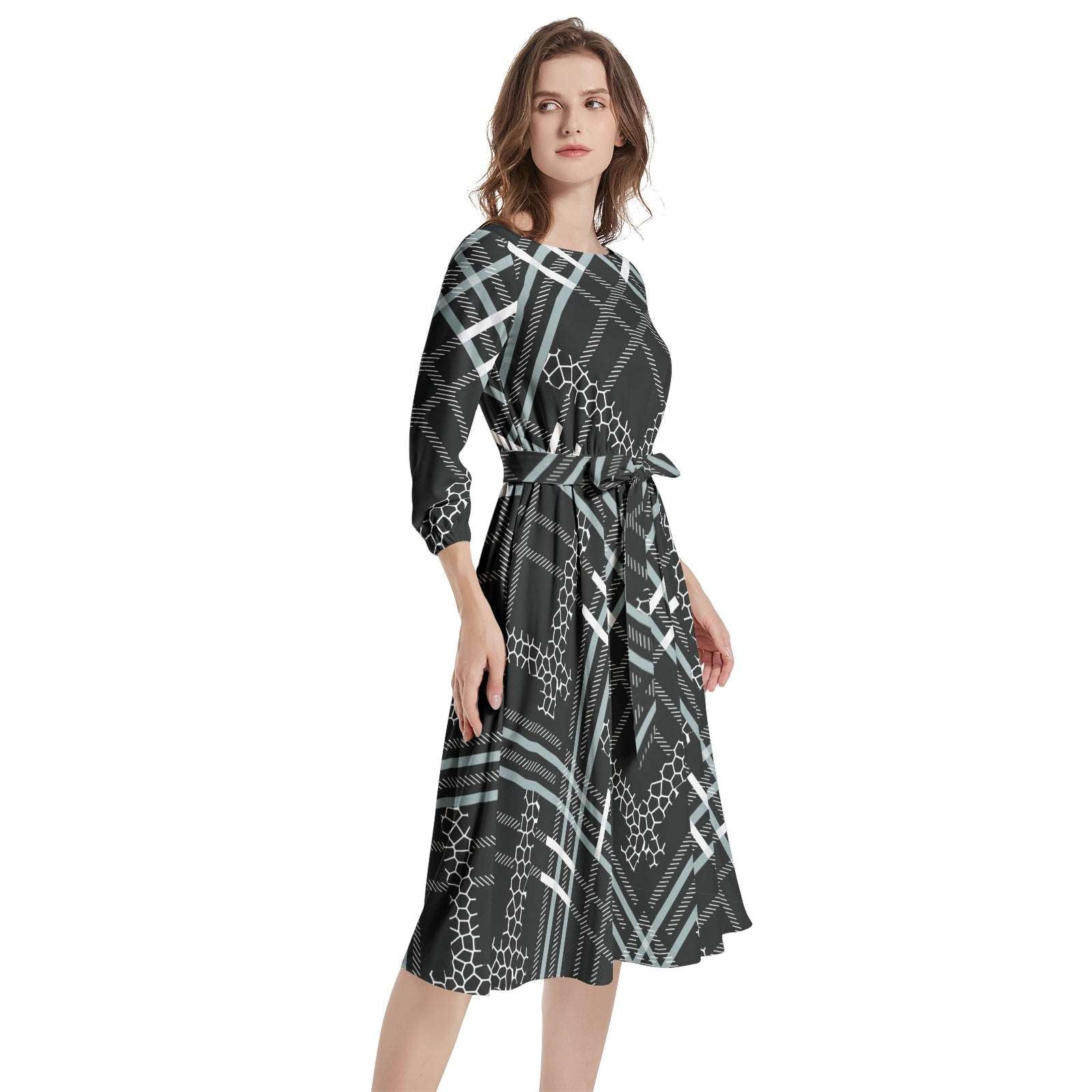 Boat Neck Belted Flared Dress PODSAVVY LIVING