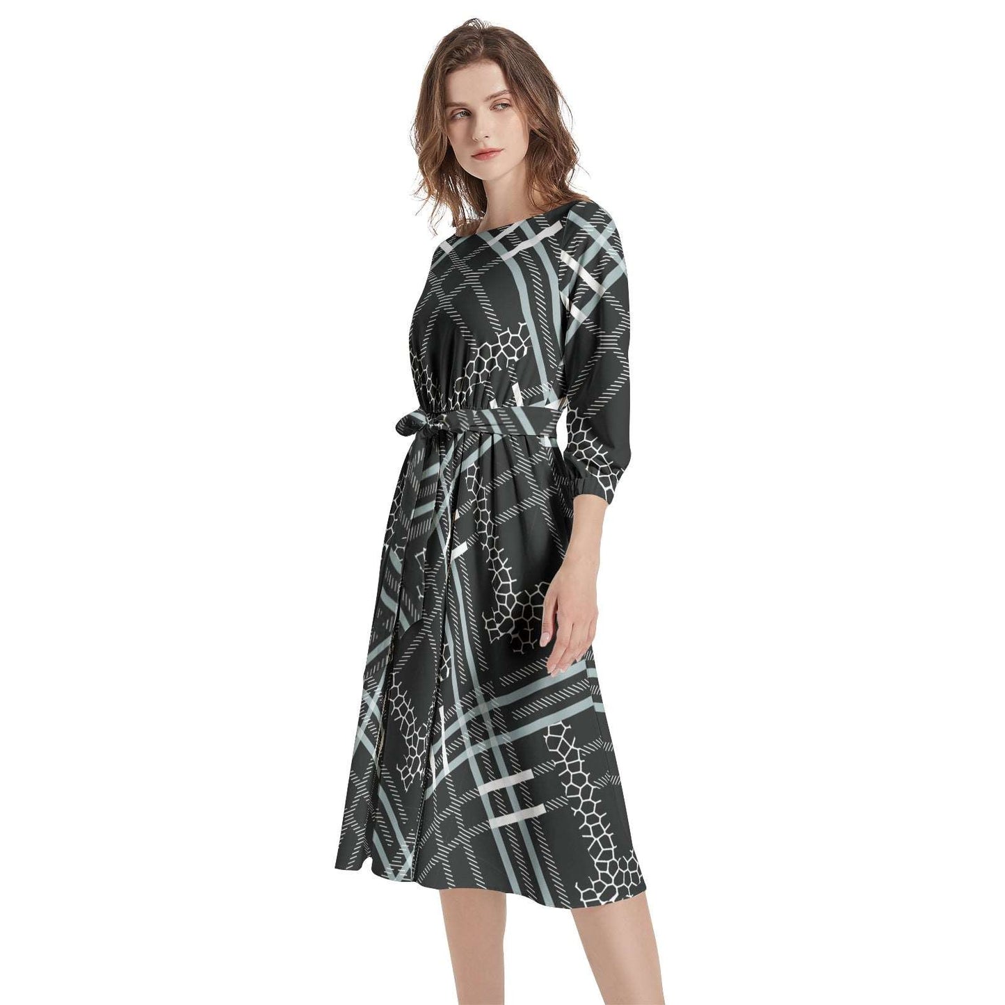 Boat Neck Belted Flared Dress PODSAVVY LIVING