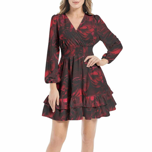 Long Sleeve Tiered Ruffle Hem Elastic Waist Mini Dress PODSAVVY LIVING