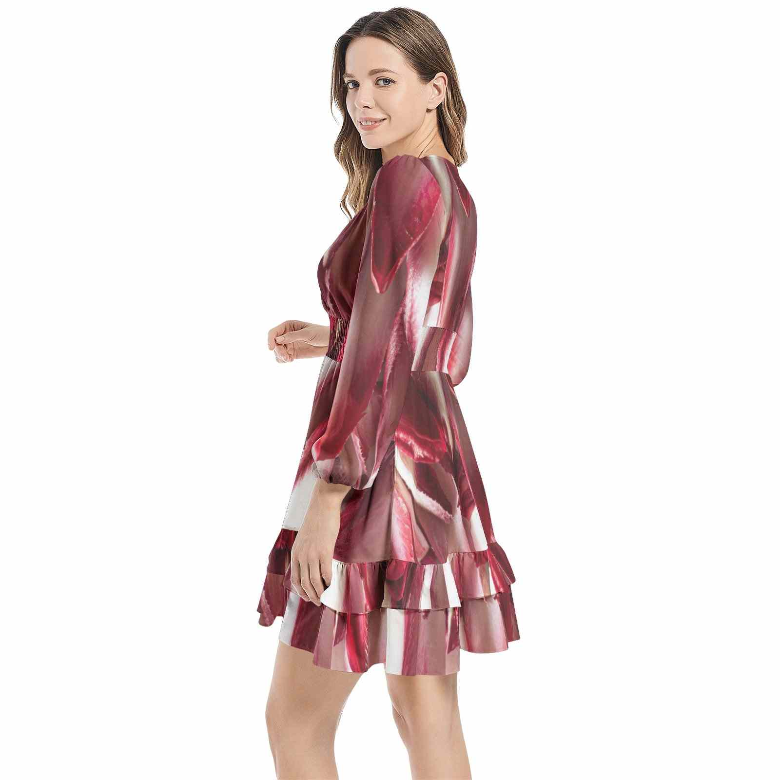 Long Sleeve Tiered Ruffle Hem Elastic Waist Mini Dress PODSAVVY LIVING