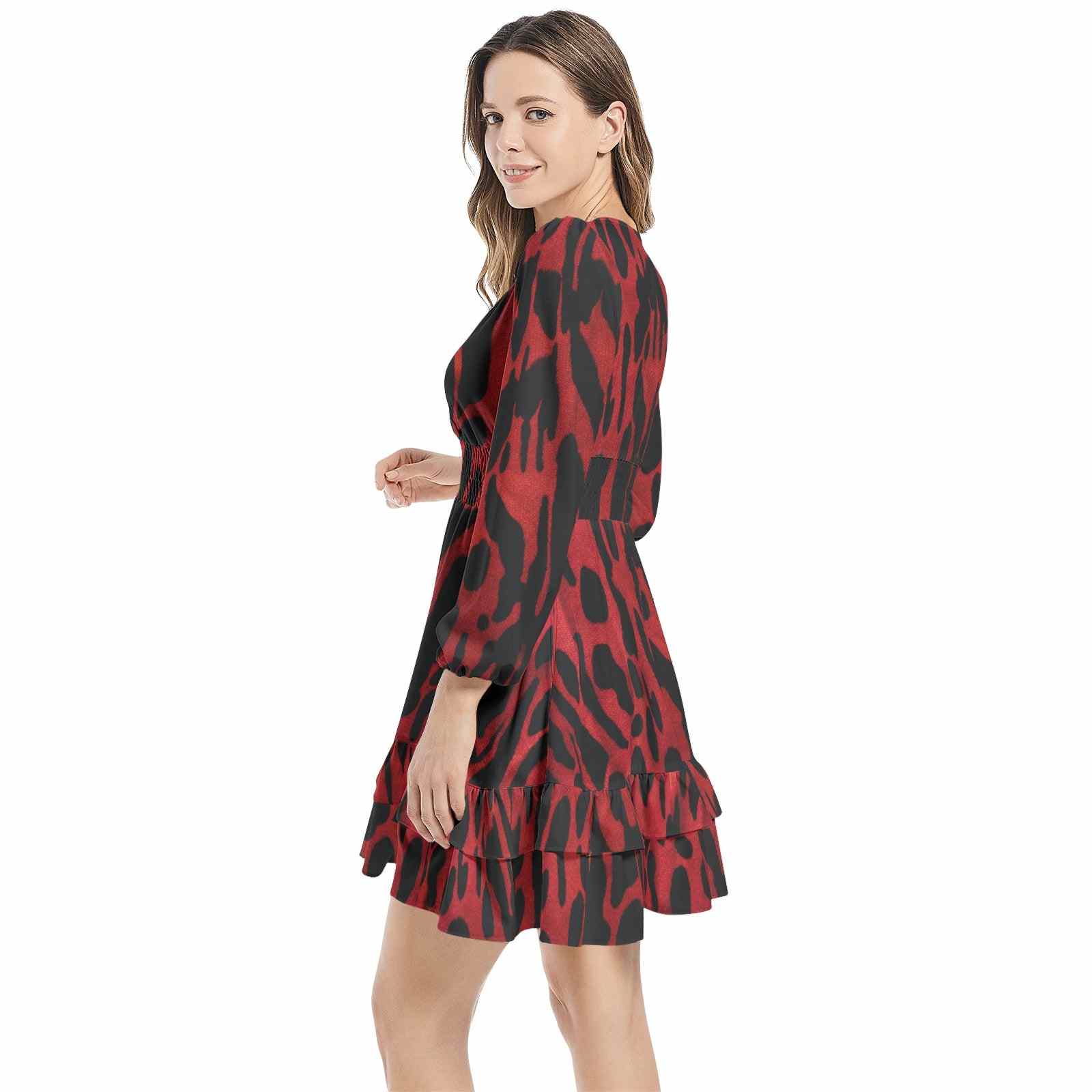 Long Sleeve Tiered Ruffle Hem Elastic Waist Mini Dress PODSAVVY LIVING