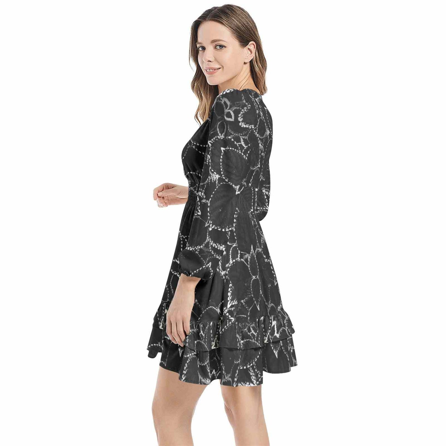 Long Sleeve Tiered Ruffle Hem Elastic Waist Mini Dress PODSAVVY LIVING