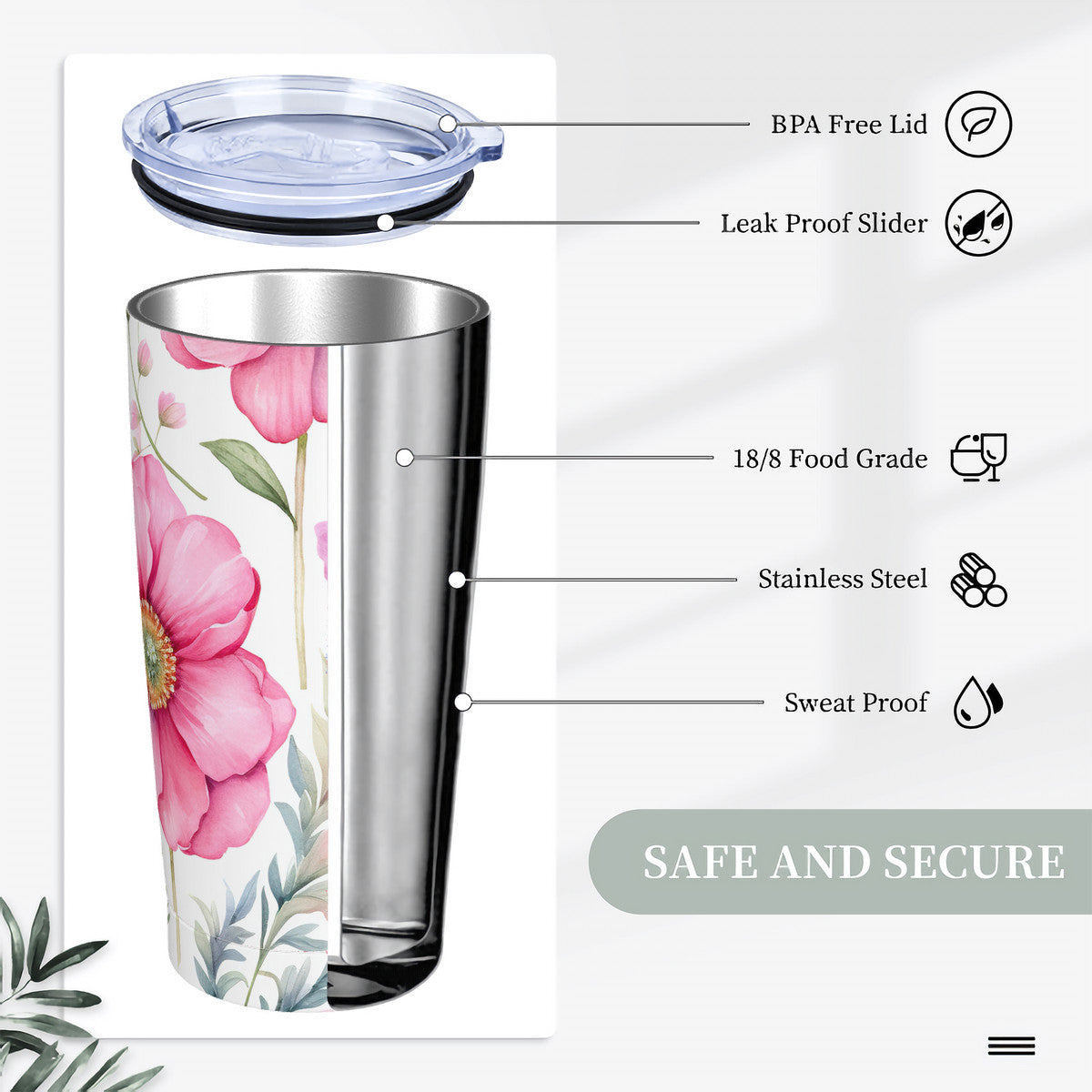 Floral Stainless Steel Straw Lid Cup 20oz