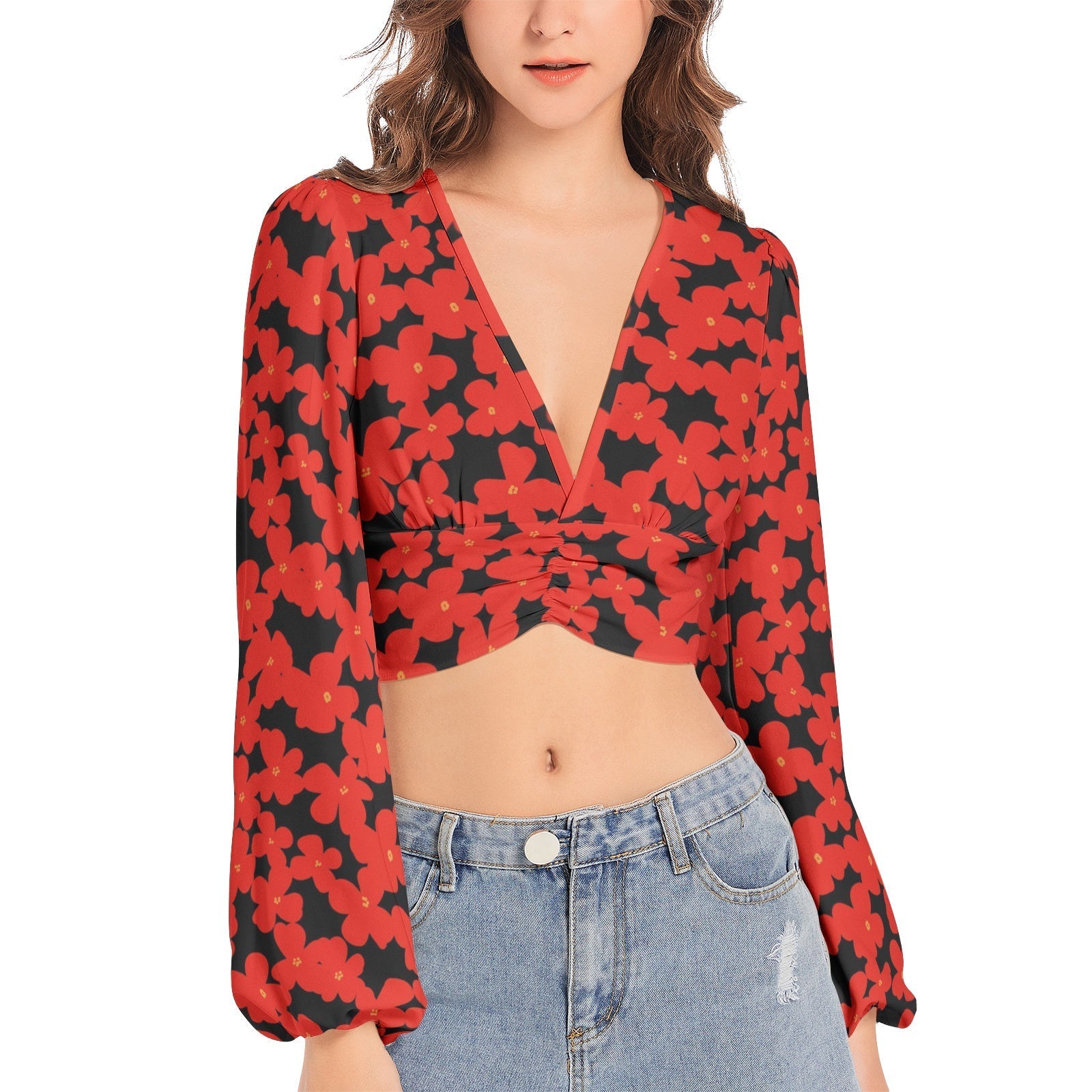 Women's Deep V-Neck Lantern Sleeve Crop Top PODSAVVY LIVING