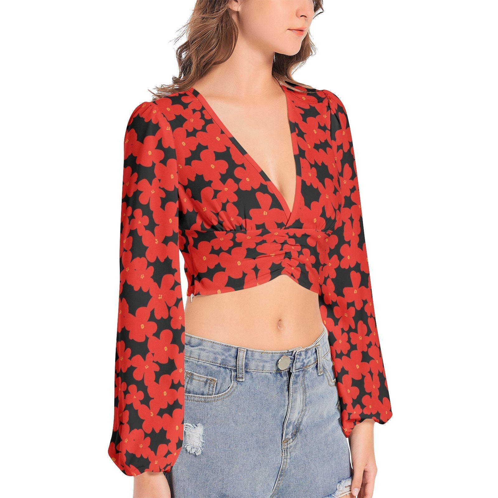 Women's Deep V-Neck Lantern Sleeve Crop Top PODSAVVY LIVING