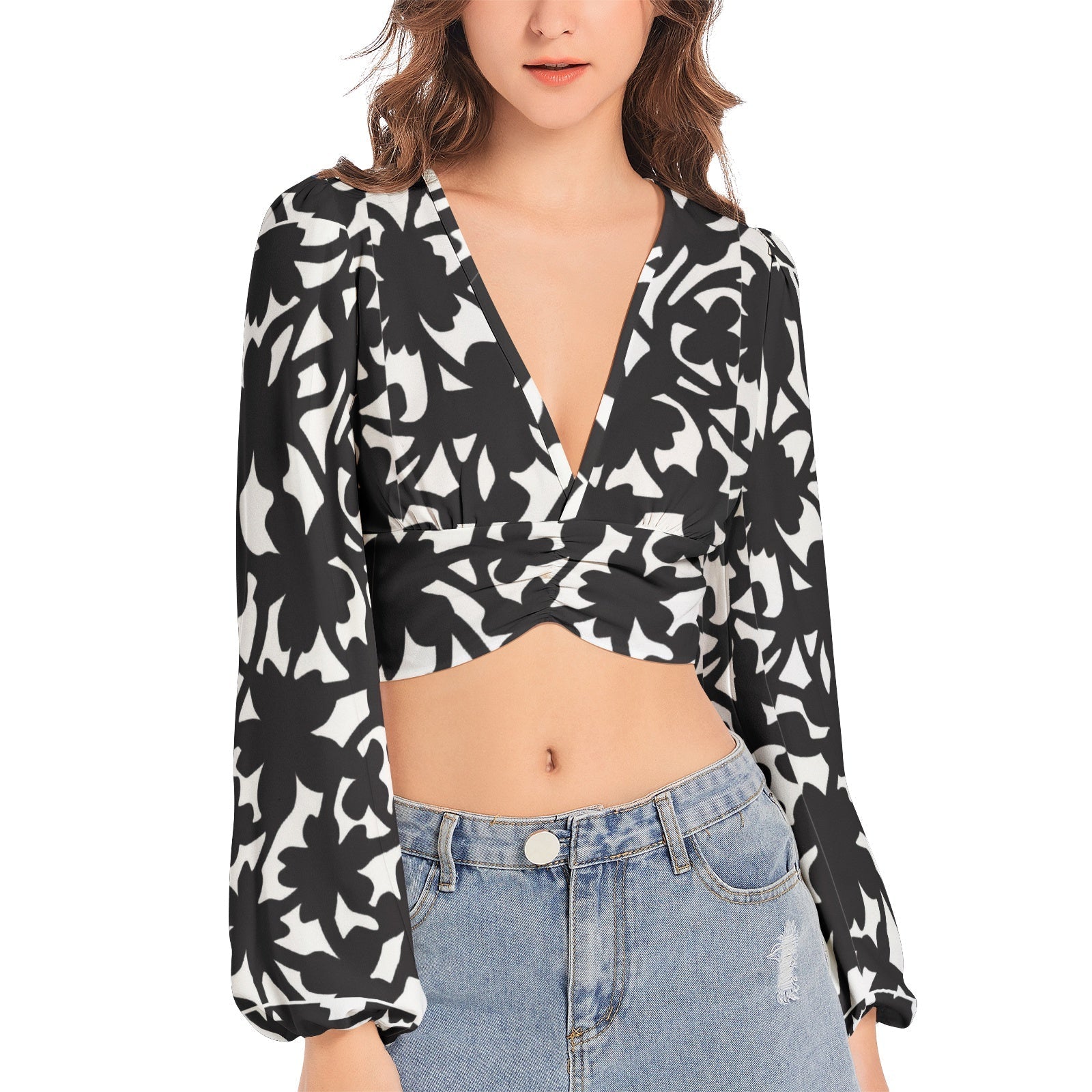 Women's Deep V-Neck Lantern Sleeve Crop Top PODSAVVY LIVING