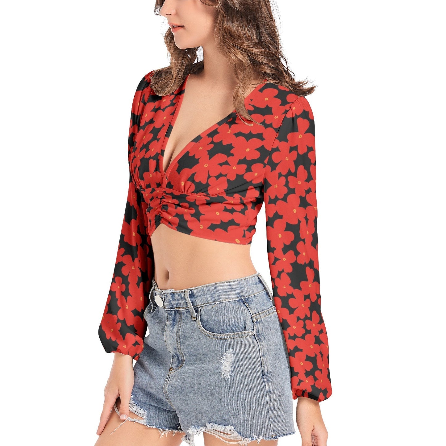 Women's Deep V-Neck Lantern Sleeve Crop Top PODSAVVY LIVING