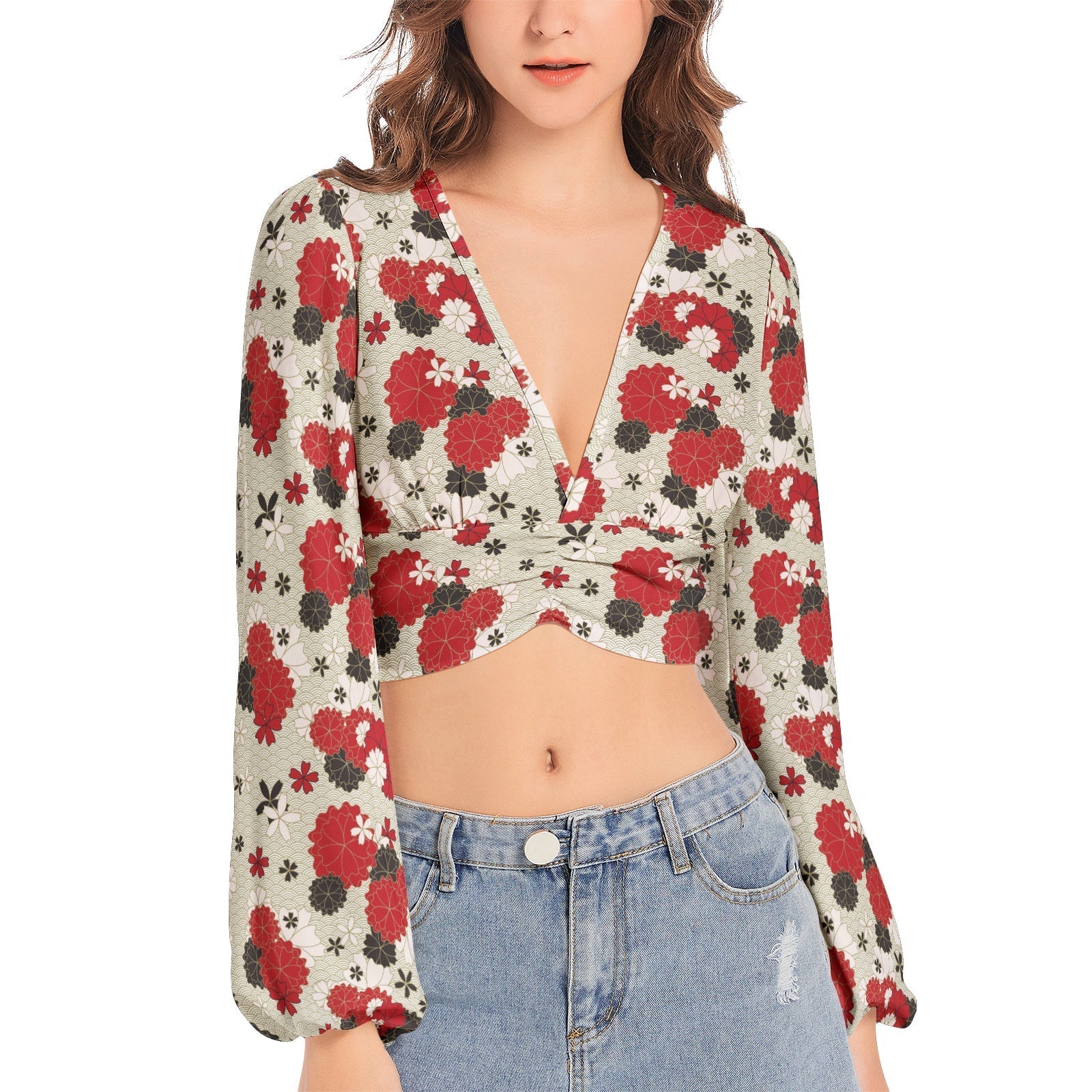 Women's Deep V-Neck Lantern Sleeve Crop Top PODSAVVY LIVING