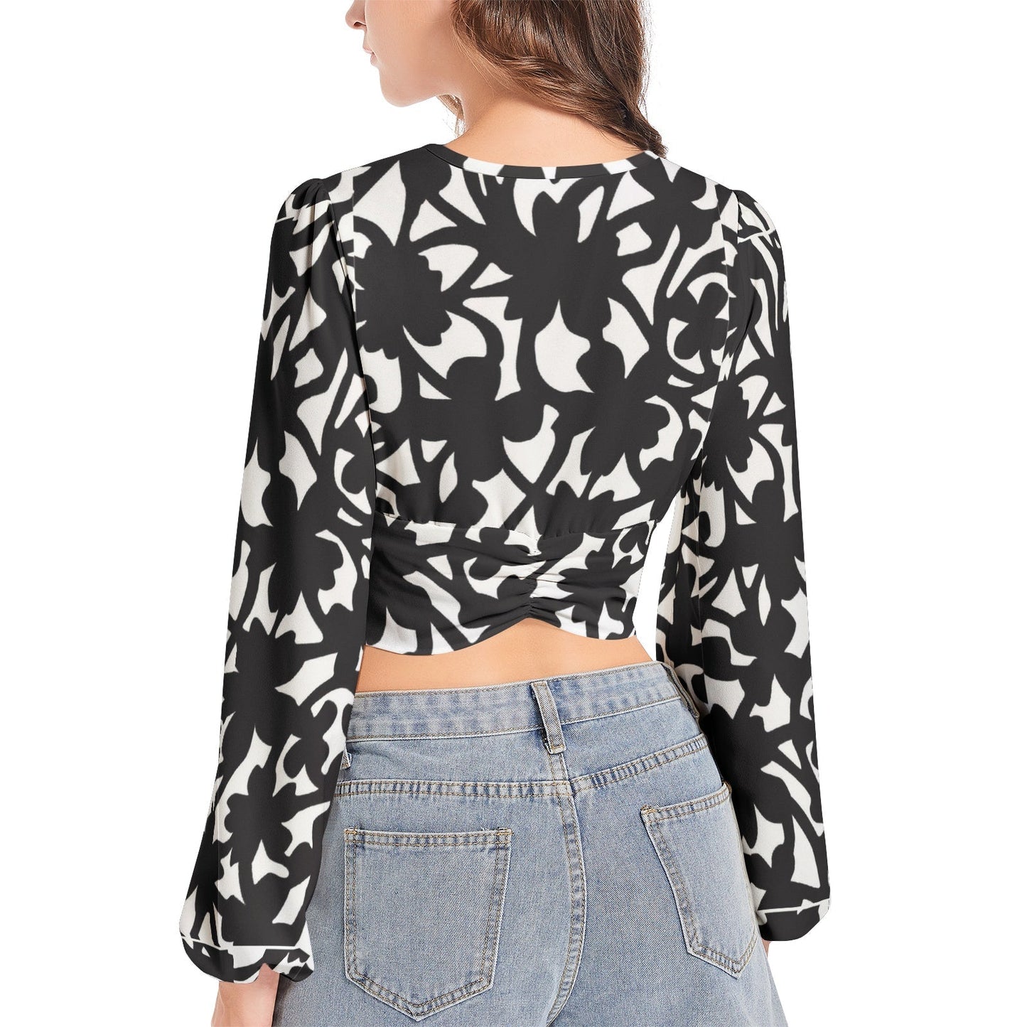 Women's Deep V-Neck Lantern Sleeve Crop Top PODSAVVY LIVING