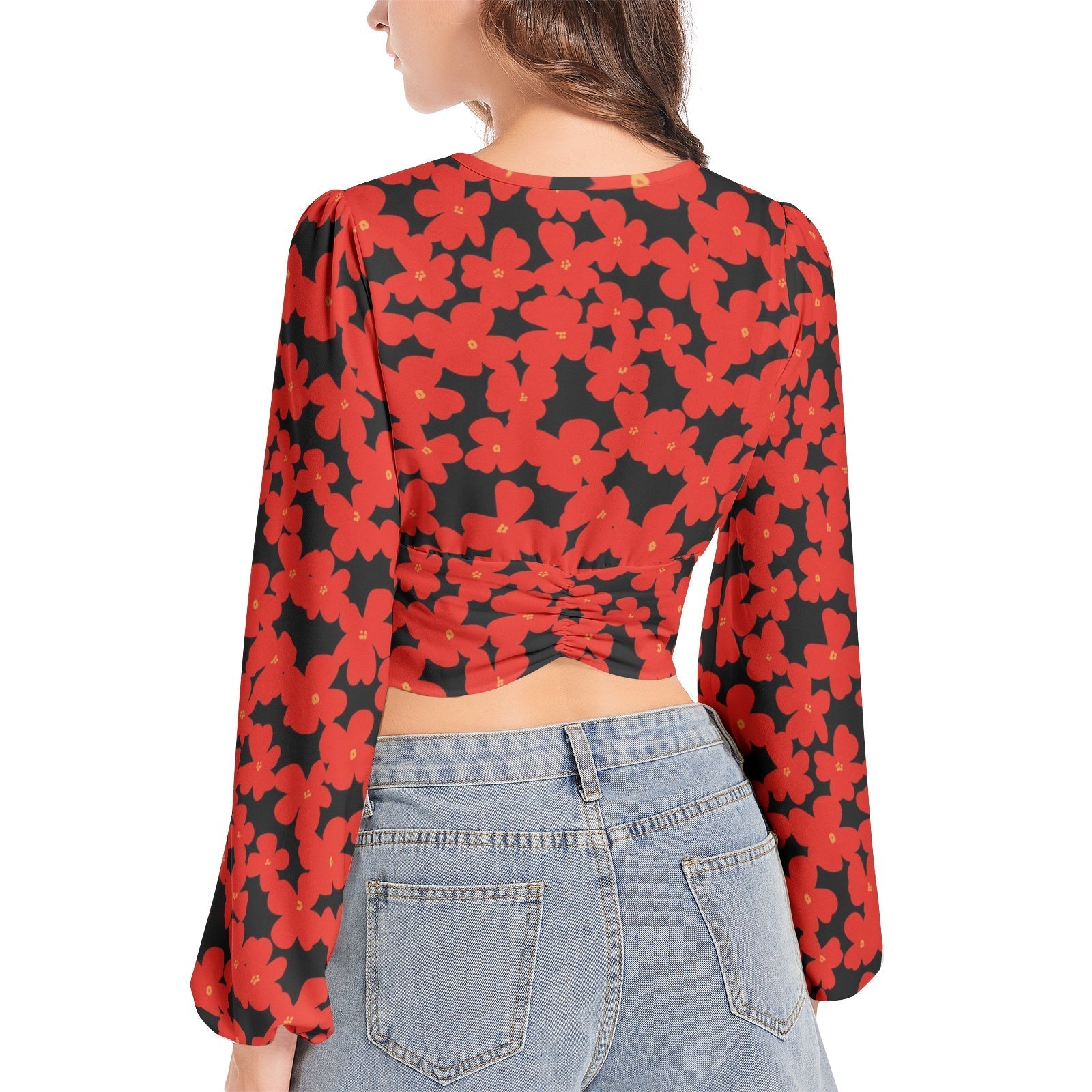 Women's Deep V-Neck Lantern Sleeve Crop Top PODSAVVY LIVING