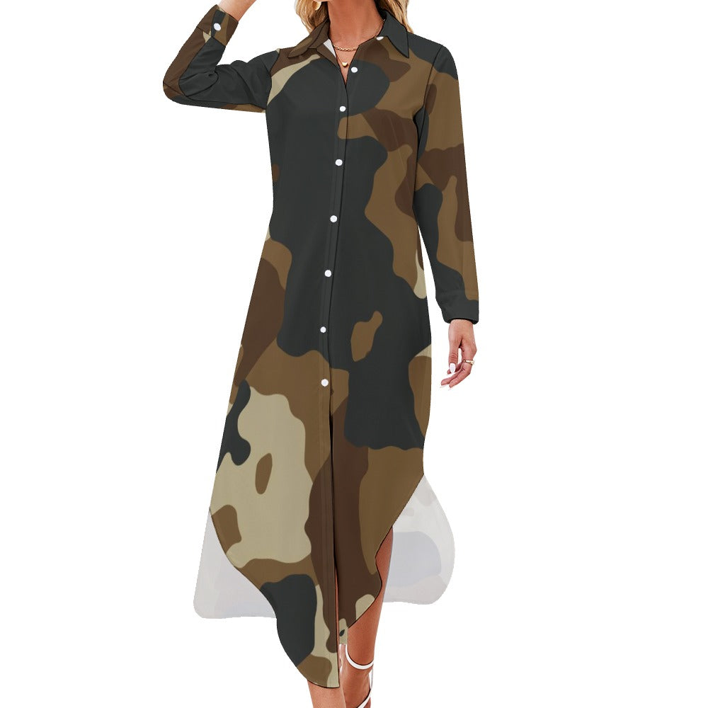 Button Neck Long Sleeve Shirt Dress