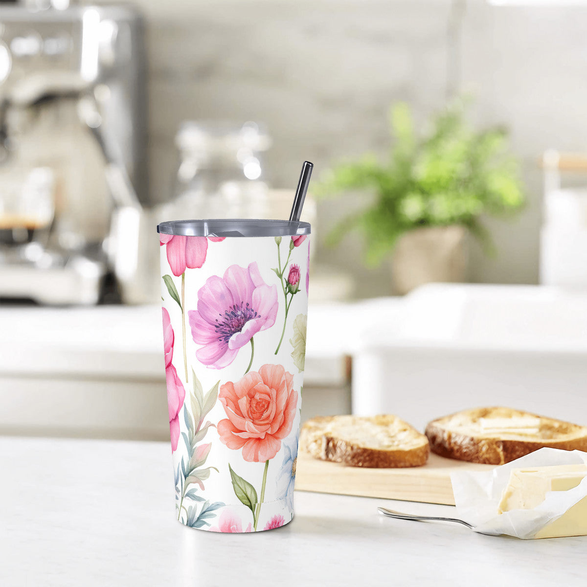 Floral Stainless Steel Straw Lid Cup 20oz