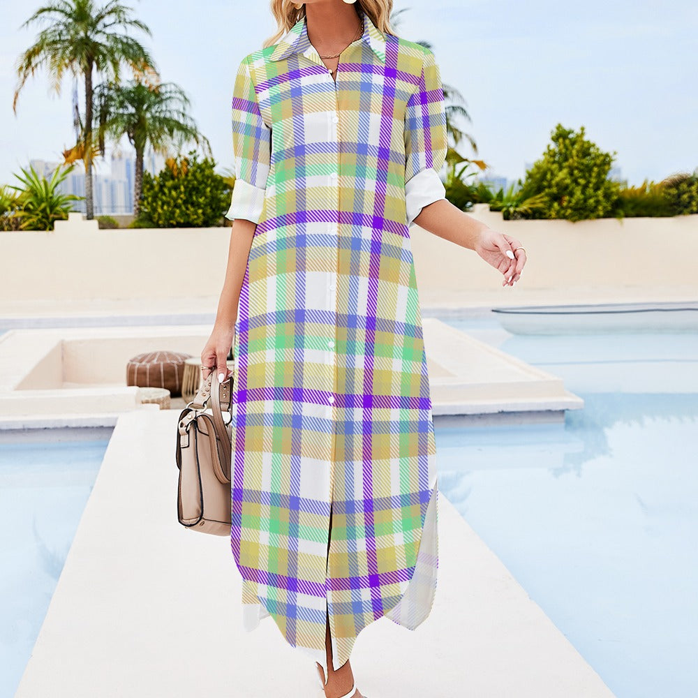 Button Neck Long Sleeve Shirt Dress