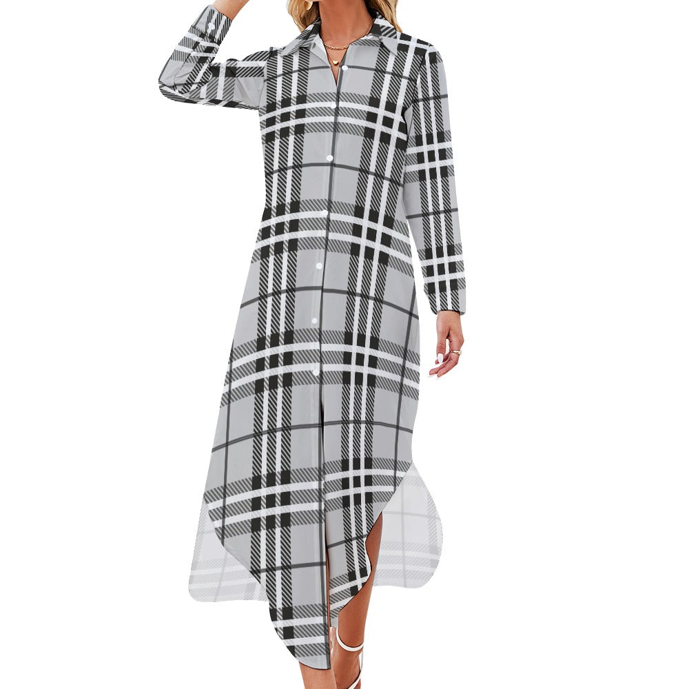 Button Neck Long Sleeve Shirt Dress